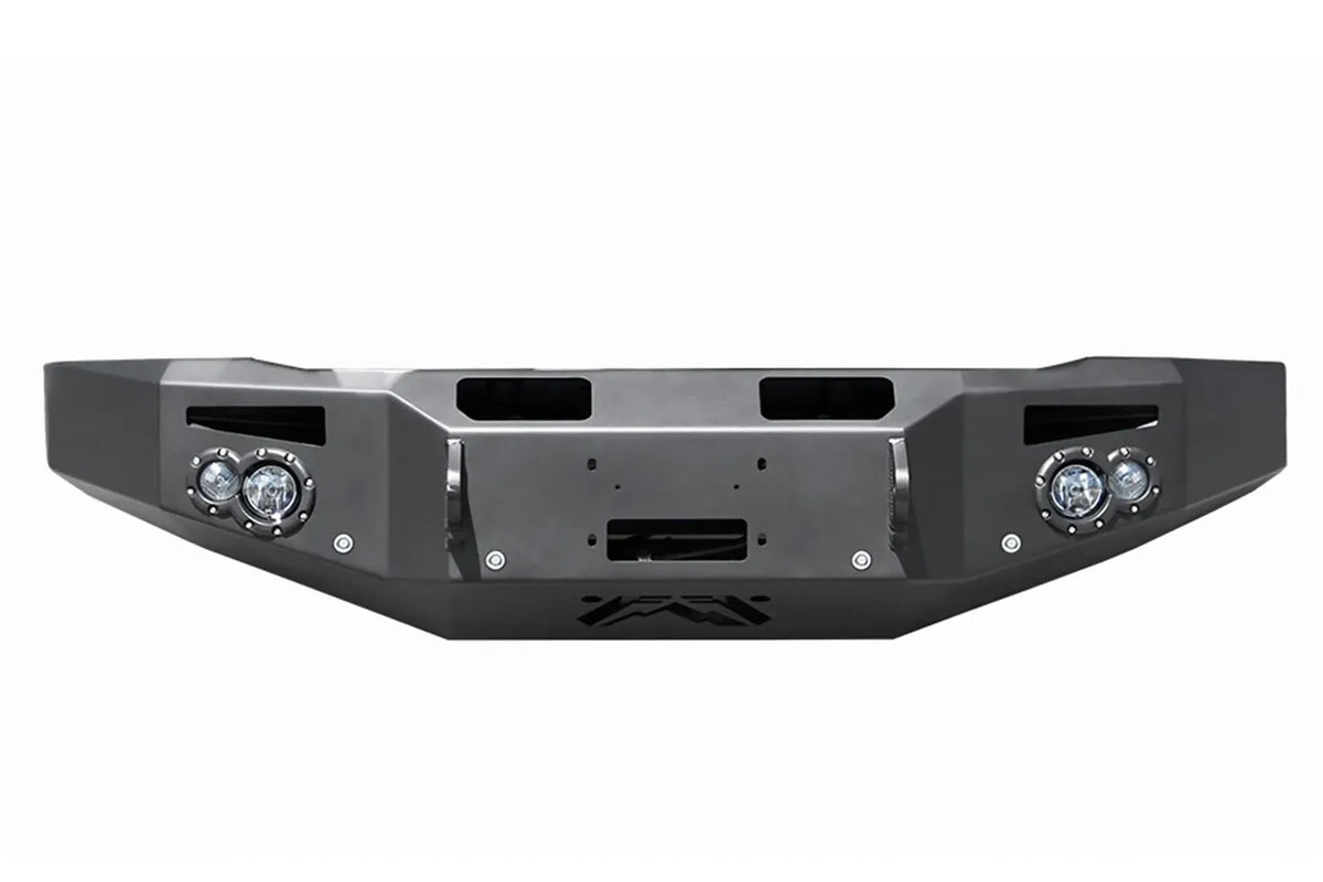 Fab Fours Premium Winch front bumper in black powder coat, front view, showing the center winch plate and fairlead opening, round light cutouts and shackle mounts
