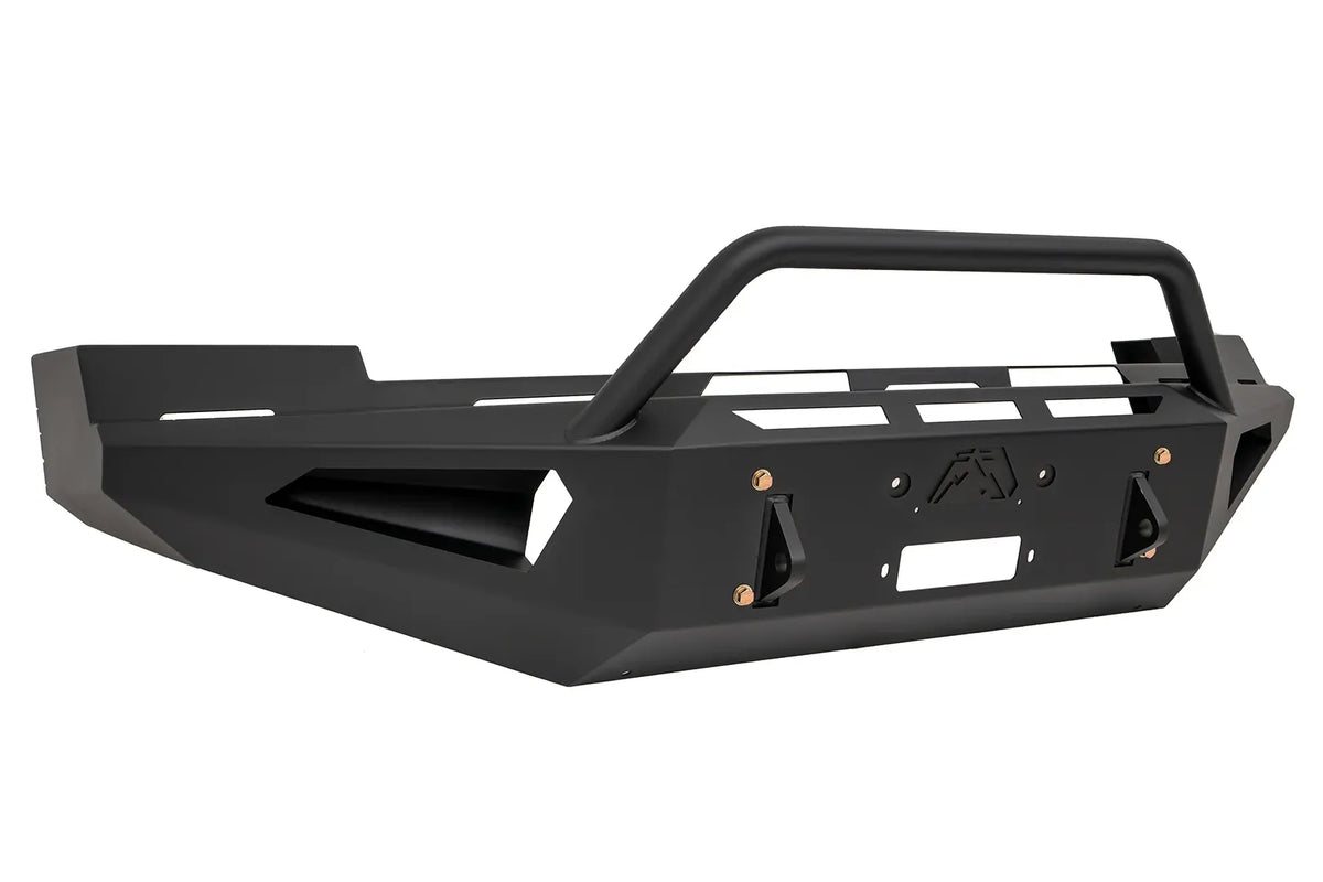 Fab Fours Red Steel front bumper with pre-runner guard in black powder coat, angled view, showing the tubular pre-runner hoop, winch mount plate and shackle mounts