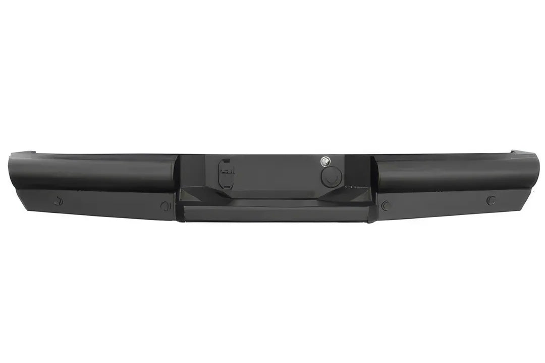 Fab Fours Black Steel Elite Rear Bumper for Nissan Titan XD, rear view showing the ranch-style pipe end sections, back-up sensor holes and center license plate and hitch area on a white background