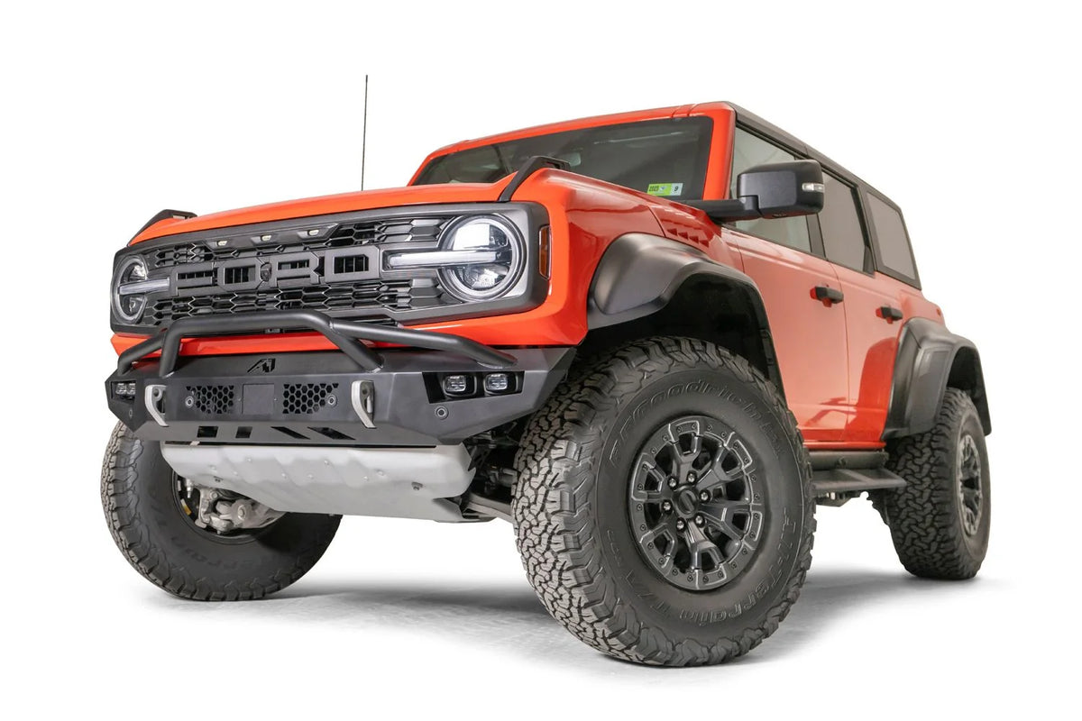 Fab Fours Vengeance front bumper on a Ford Bronco & Bronco Raptor, driver side view