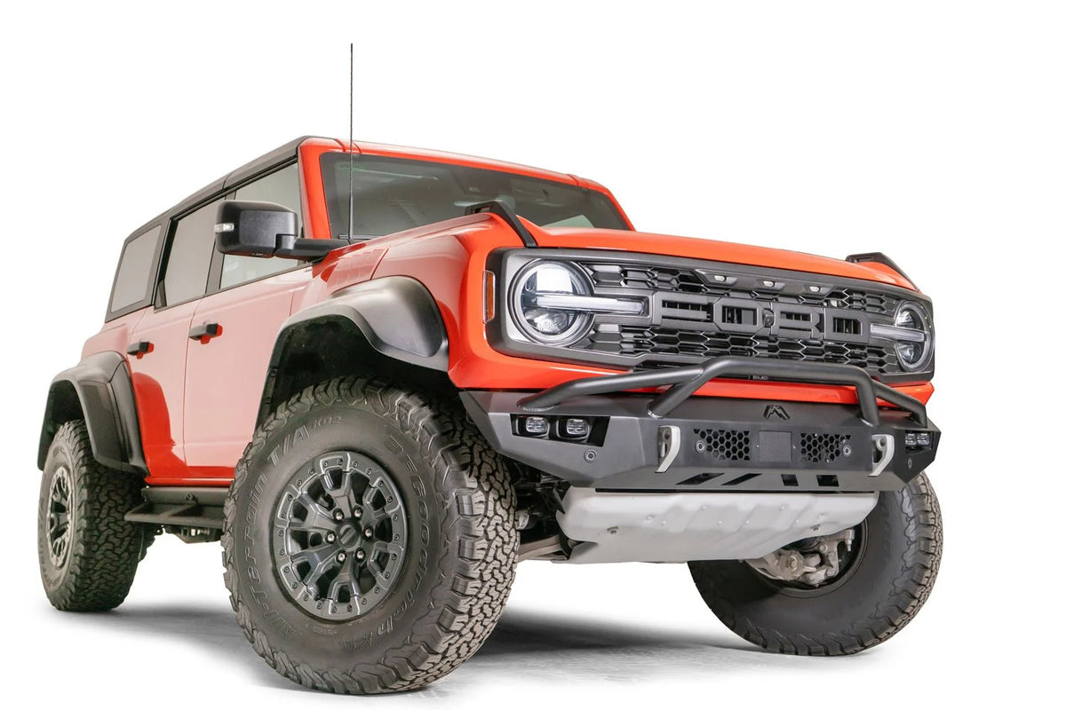 Fab Fours Vengeance front bumper on a Ford Bronco & Bronco Raptor, passenger side view