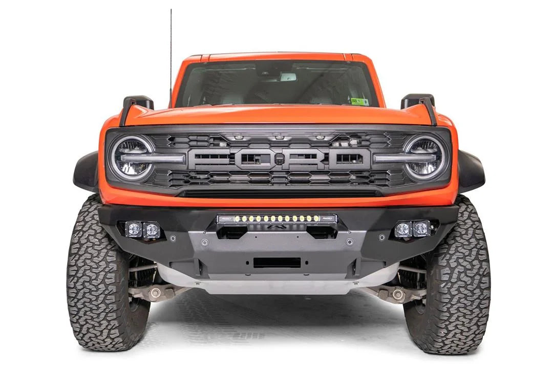 Fab Fours Matrix front bumper on an orange Ford Bronco Raptor, front view