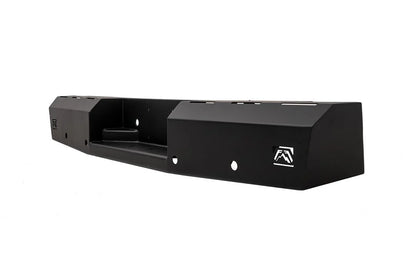 Fab Fours Red Steel rear bumper in black powder coat, opposite angled view, showing the recessed center step, angled end caps and Fab Fours logo plate
