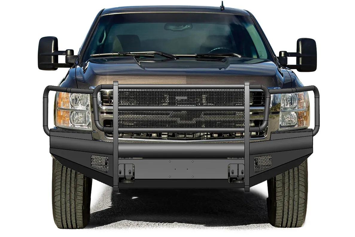 Fab Fours Black Steel Elite front bumper with full guard on a dark gray Chevrolet Silverado 2500HD, straight-on front view, showing the full grille guard uprights, smooth-plate bumper face and mesh light openings