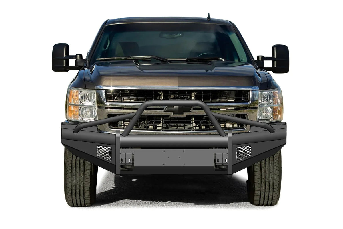 Fab Fours Black Steel Elite front bumper with pre-runner guard on a dark gray Chevrolet Silverado 2500HD, straight-on front view, showing the pre-runner guard tubing, smooth-plate bumper face and mesh light openings