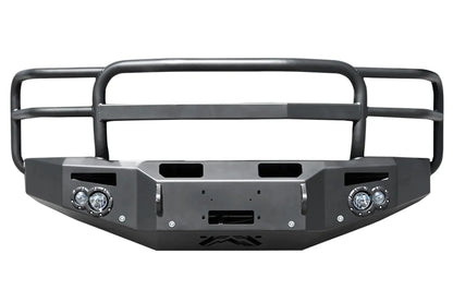 Fab Fours Premium Winch front bumper with full guard in black powder coat, front view, showing the full grille guard hoops, center winch plate, round light cutouts and shackle mounts