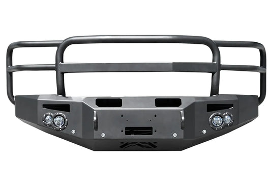 Fab Fours Premium Winch front bumper with full guard in black powder coat, front view, showing the full grille guard hoops, center winch plate, round light cutouts and shackle mounts