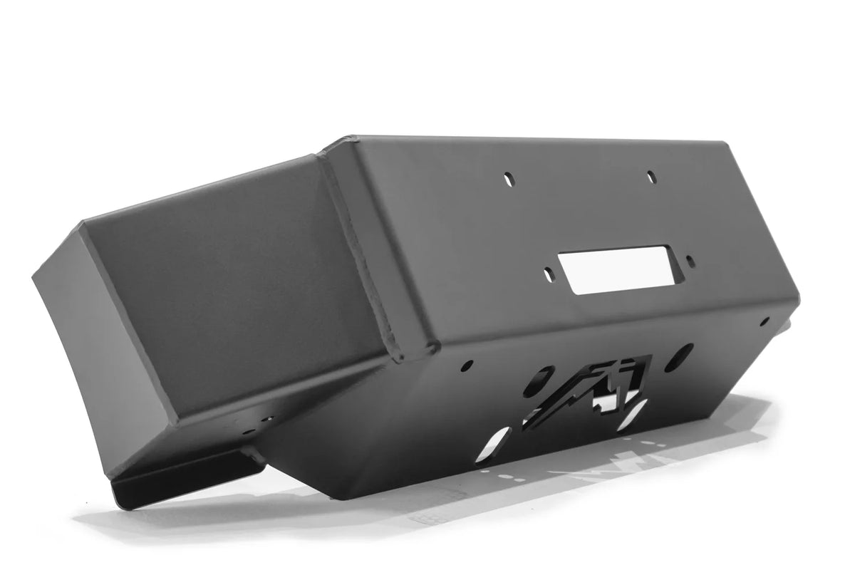 Fab Fours winch mount in black powder coat, opposite angled view, showing the fairlead opening, Fab Fours logo cutout and angled side wings