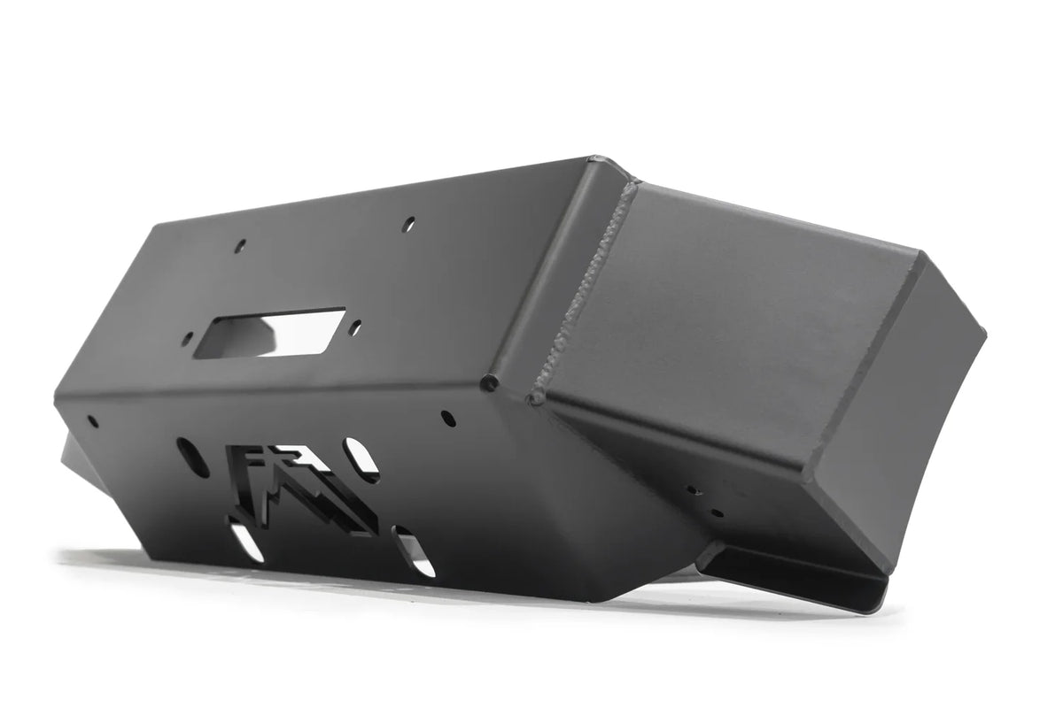 Fab Fours winch mount in black powder coat, angled view, showing the fairlead opening, Fab Fours logo cutout and angled side wings
