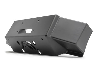 Fab Fours winch mount in black powder coat, angled view, showing the fairlead opening, Fab Fours logo cutout and angled side wings