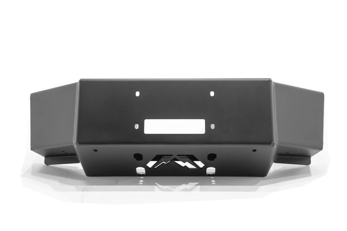 Fab Fours winch mount in black powder coat, front view, showing the fairlead opening, mounting holes and Fab Fours logo cutout