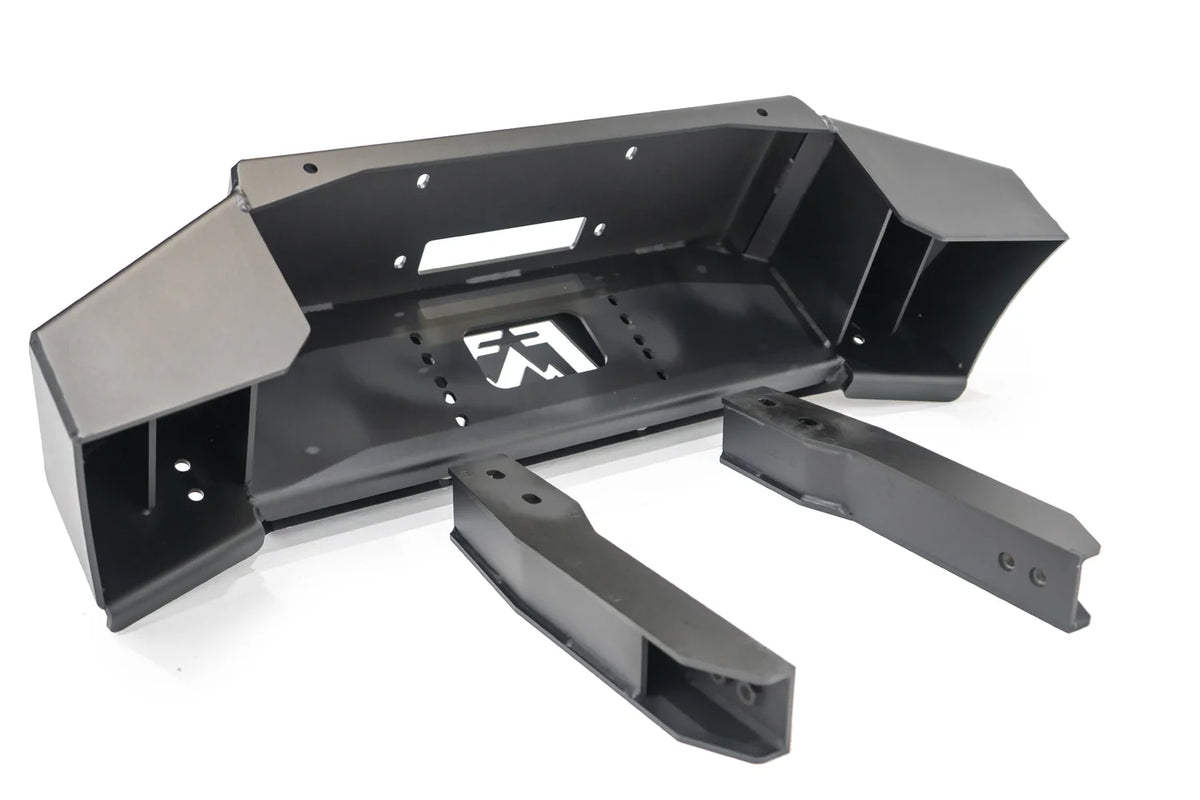 Fab Fours winch mount in black powder coat, top view, showing the winch cradle, Fab Fours logo cutout and frame mounting brackets