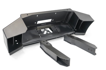 Fab Fours winch mount in black powder coat, top view, showing the winch cradle, Fab Fours logo cutout and frame mounting brackets