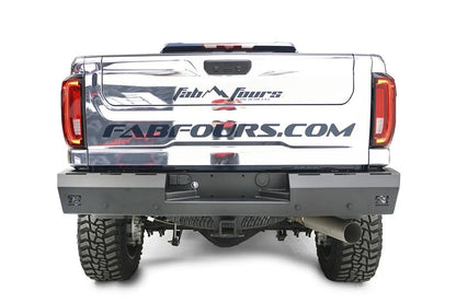 Fab Fours Red Steel rear bumper on a chrome-wrapped GMC Sierra HD, straight-on rear view, showing the flat bumper face, integrated light cutouts, license plate recess and hitch opening