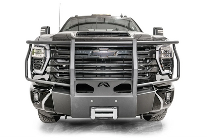 Fab Fours Winch Mount with full guard on a black Chevrolet Silverado 2500HD, straight-on front view, showing the full-width tubular guard, logo cutout and roller fairlead