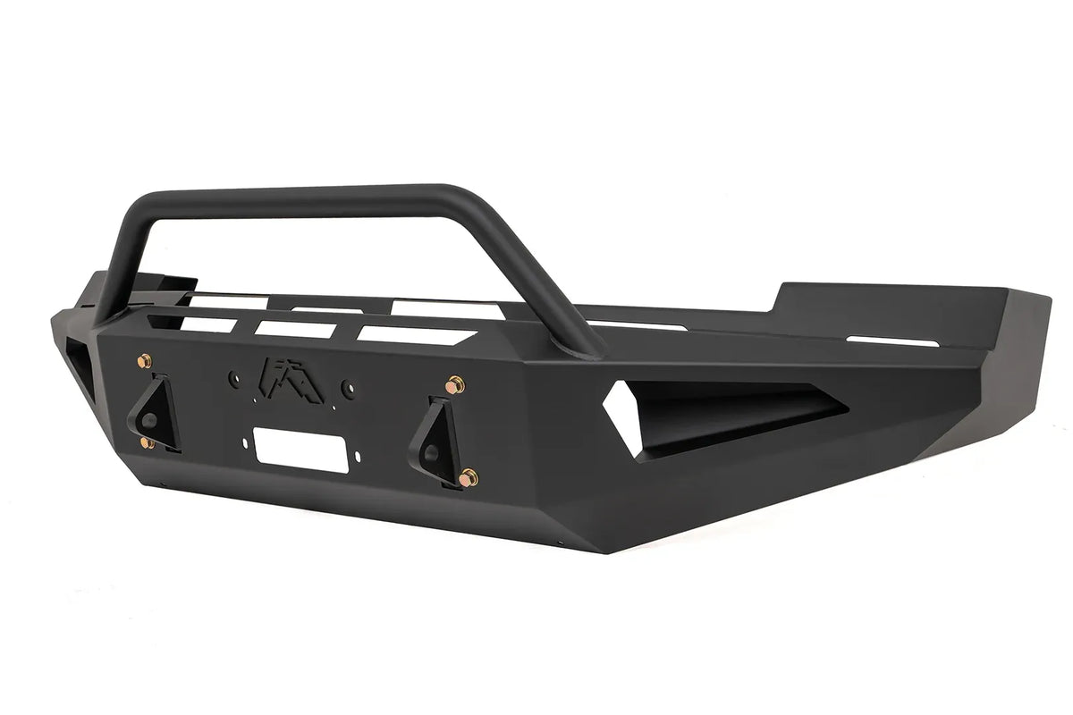 Fab Fours Red Steel front bumper with pre-runner guard in black powder coat, opposite angled view, showing the pre-runner hoop, cut-out top deck and angled end wing