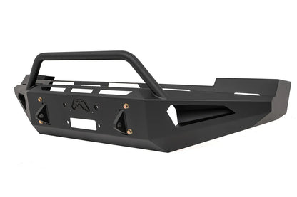 Fab Fours Red Steel front bumper with pre-runner guard in black powder coat, opposite angled view, showing the pre-runner hoop, cut-out top deck and angled end wing