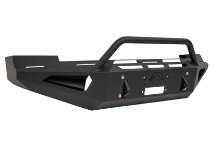 Fab Fours Red Steel front bumper with pre-runner guard in black powder coat, angled view, showing the tubular pre-runner hoop, winch mount plate and shackle mounts