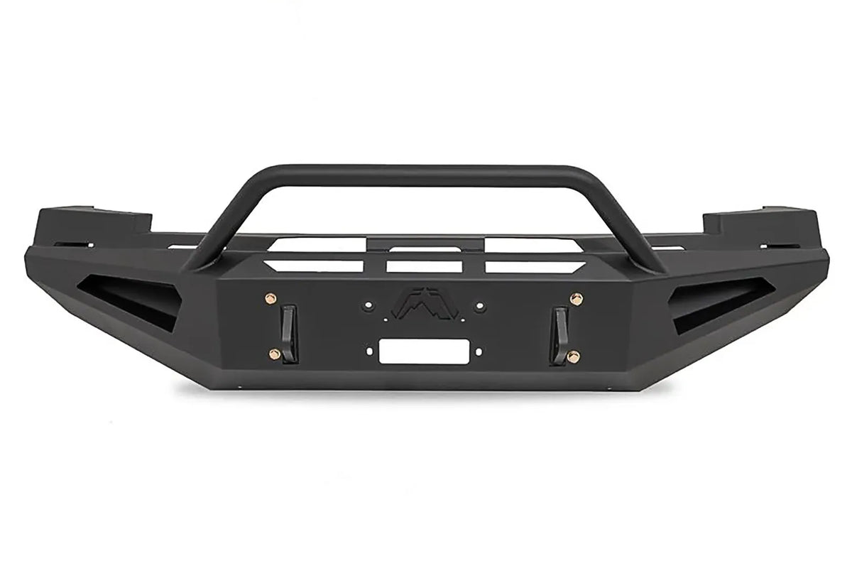 Fab Fours Red Steel front bumper with pre-runner guard in black powder coat, straight-on front view, showing the tubular pre-runner hoop, center winch opening and shackle mounts
