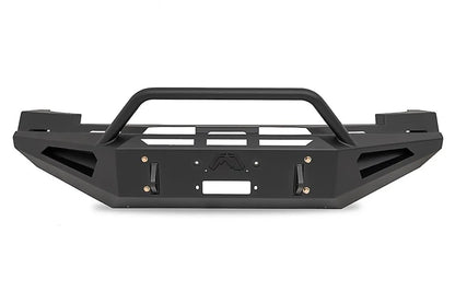 Fab Fours Red Steel front bumper with pre-runner guard in black powder coat, straight-on front view, showing the tubular pre-runner hoop, center winch opening and shackle mounts