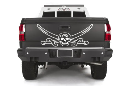 Fab Fours Premium rear bumper on a black and white wrapped pickup, straight-on rear view, showing the full-width black steel bumper, sensor cutouts and center hitch receiver