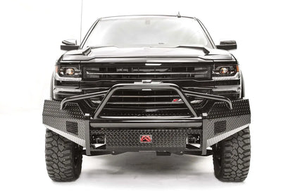 Fab Fours Black Steel front bumper with pre-runner guard on a black Chevrolet Silverado 1500, straight-on front view, showing the pre-runner hoop, diamond-plate face, and integrated light cutouts