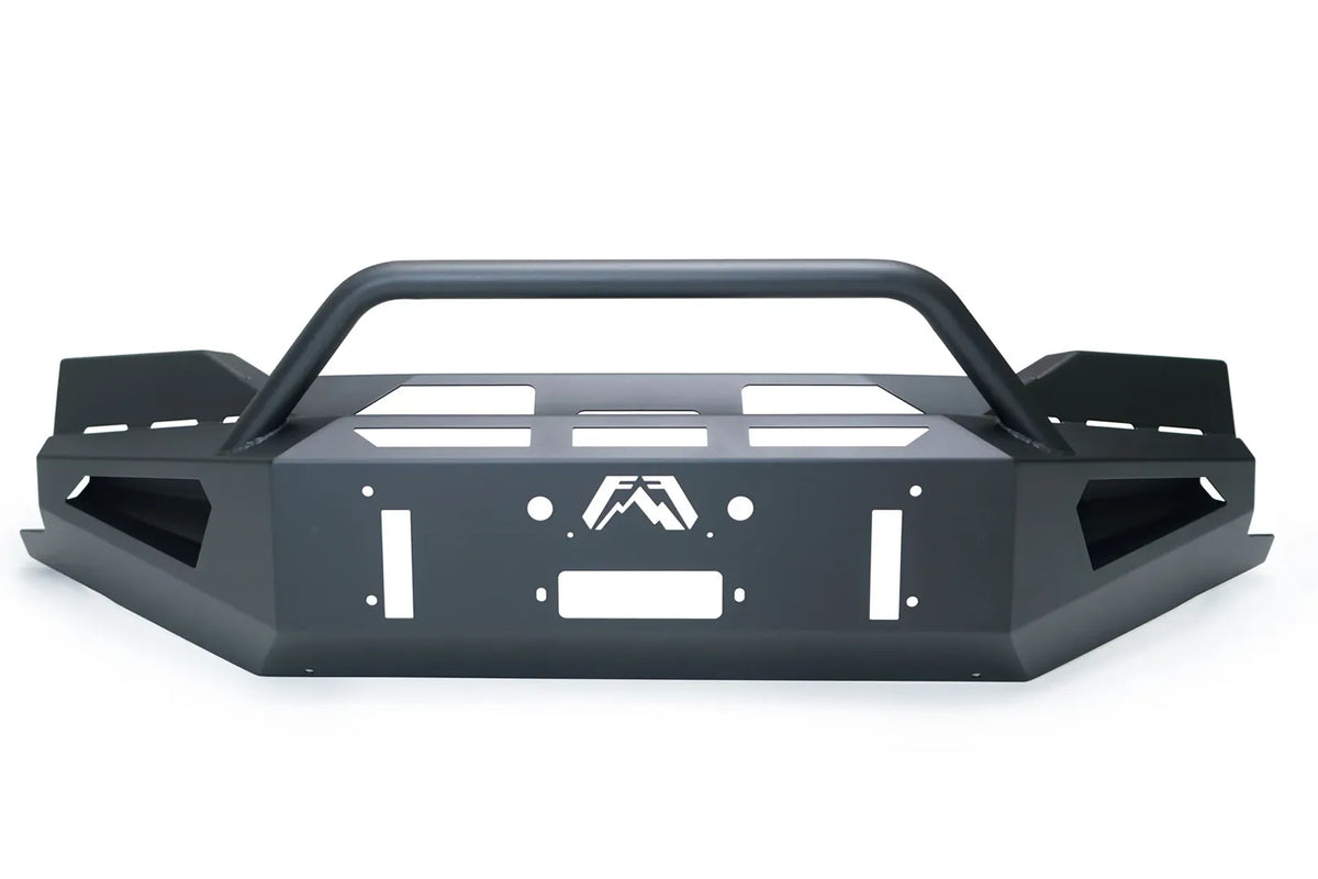 Fab Fours Red Steel front bumper with pre-runner guard in black powder coat, straight-on front view, showing the tubular pre-runner hoop, cut-out top plate, and winch fairlead opening