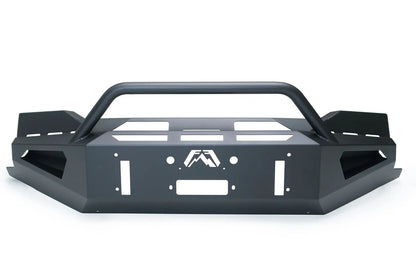 Fab Fours Red Steel front bumper with pre-runner guard in black powder coat, straight-on front view, showing the tubular pre-runner hoop, cut-out top plate, and winch fairlead opening