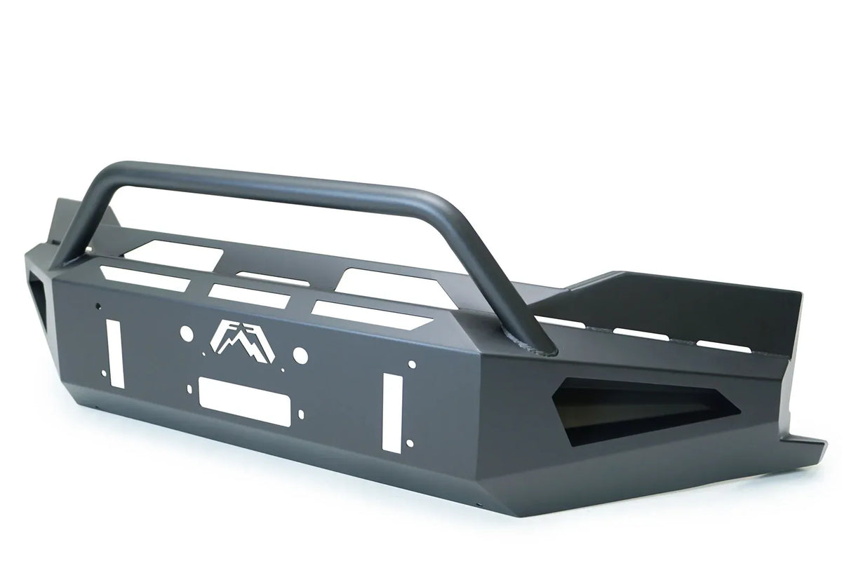 Fab Fours Red Steel front bumper with pre-runner guard in black powder coat, angled view, showing the pre-runner hoop, slotted top plate, and wing end openings