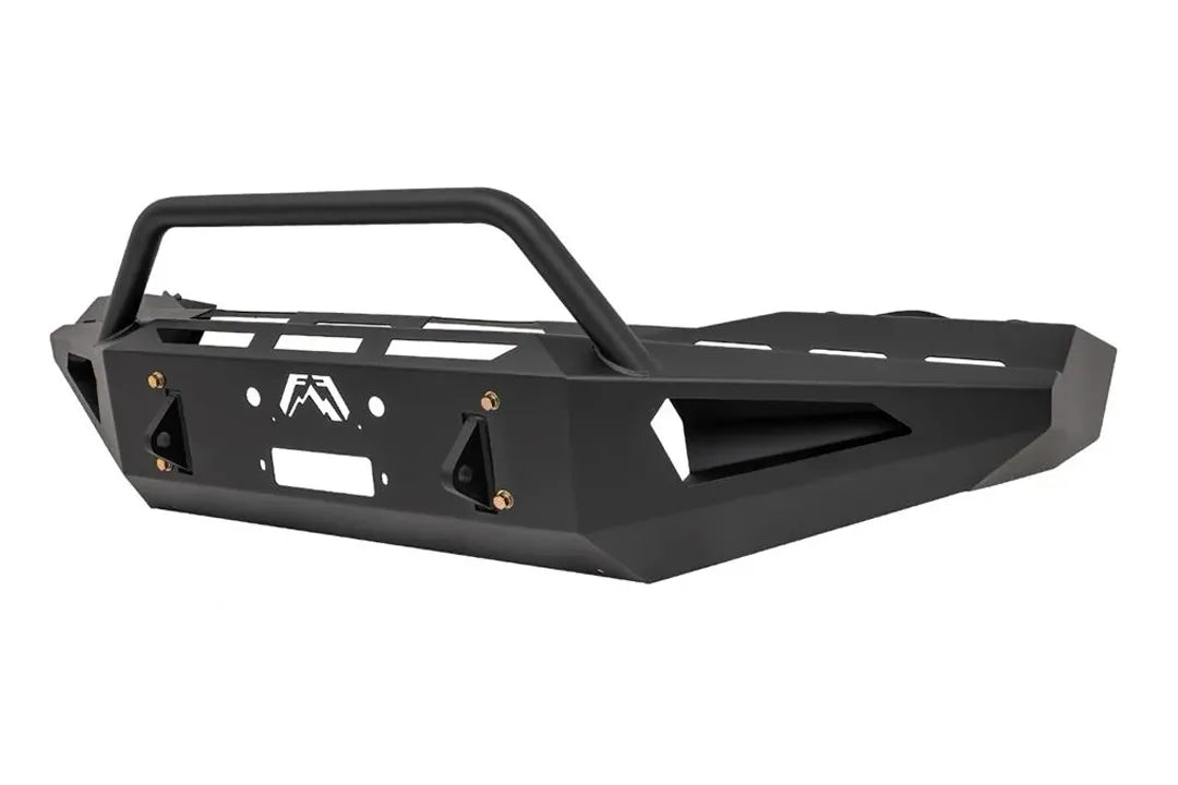 Fab Fours Red Steel front bumper with pre-runner guard in black powder coat, angled view, showing the tubular pre-runner hoop, D-ring shackle mounts, and slotted top plate