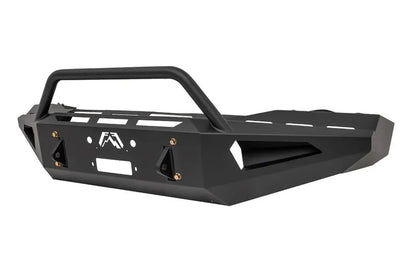 Fab Fours Red Steel front bumper with pre-runner guard in black powder coat, angled view, showing the tubular pre-runner hoop, D-ring shackle mounts, and slotted top plate