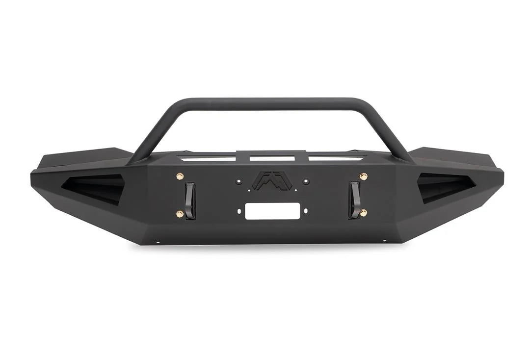 Fab Fours Red Steel front bumper with pre-runner guard in black powder coat, straight-on front view, showing the pre-runner hoop, shackle mounts, and center Fab Fours logo