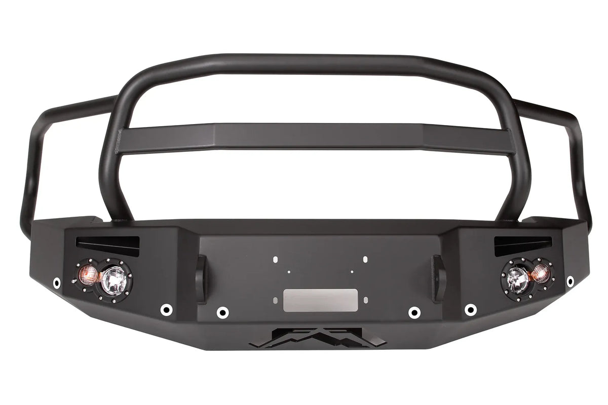 Fab Fours Premium front bumper with full guard in black powder coat, front view, showing the full grille guard hoop, winch mount opening, round light cutouts and D-ring mounts