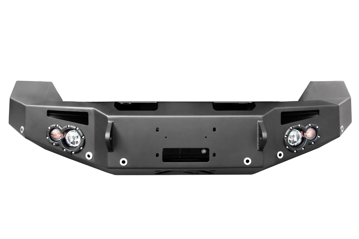 Fab Fours Premium front bumper in black powder coat, front view, showing the winch mount opening, round light cutouts, D-ring mounts and angled end caps