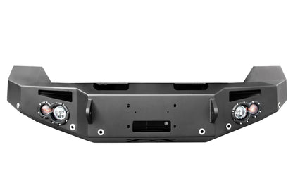 Fab Fours Premium front bumper in black powder coat, front view, showing the winch mount opening, round light cutouts, D-ring mounts and angled end caps