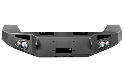 Fab Fours Premium front bumper in black powder coat, front view, showing the winch mount opening, round light cutouts, D-ring mounts and angled end caps