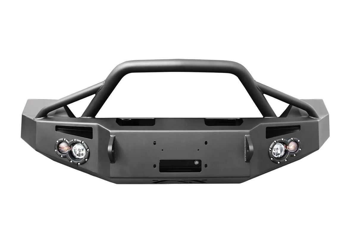 Fab Fours Premium front bumper with pre-runner guard in black powder coat, front view, showing the pre-runner hoop, winch mount opening, round light cutouts and D-ring mounts