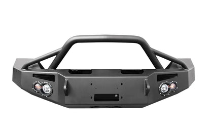 Fab Fours Premium front bumper with pre-runner guard in black powder coat, front view, showing the pre-runner hoop, winch mount opening, round light cutouts and D-ring mounts