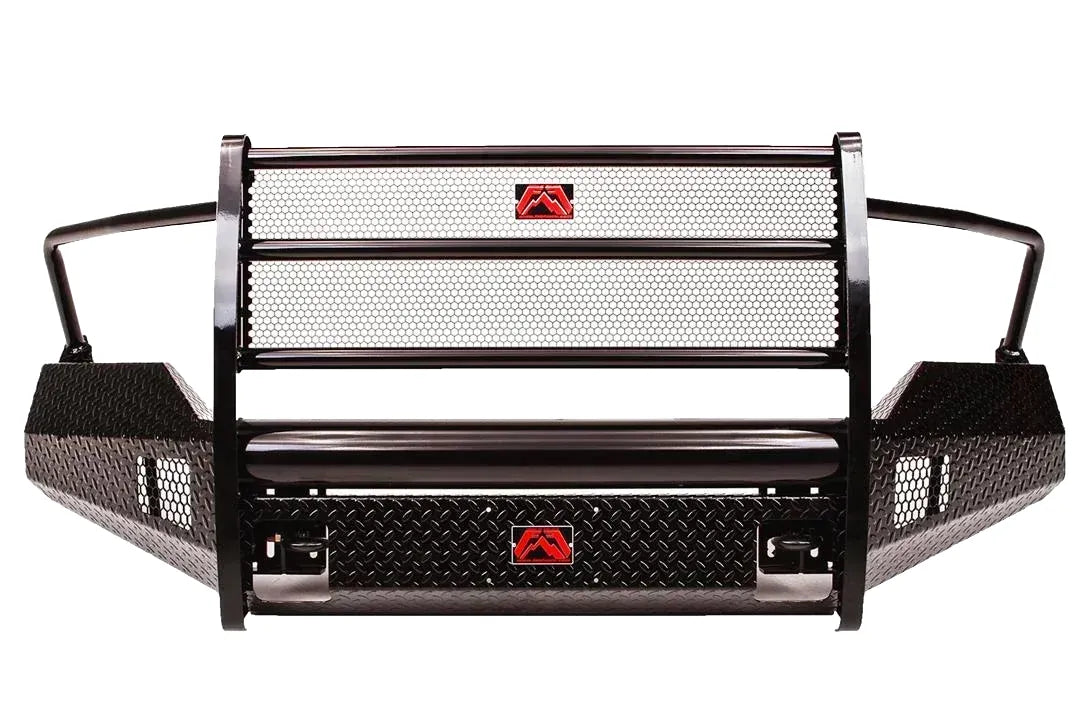 Fab Fours Black Steel front bumper with full guard in black powder coat, front view, showing the full grille guard with mesh panels, diamond-plate face and red logo badges