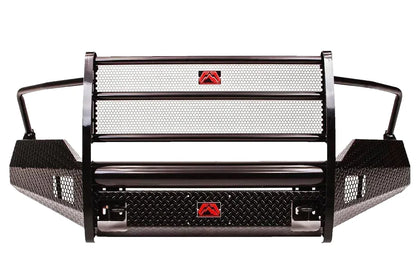 Fab Fours Black Steel front bumper with full guard in black powder coat, front view, showing the full grille guard with mesh panels, diamond-plate face and red logo badges