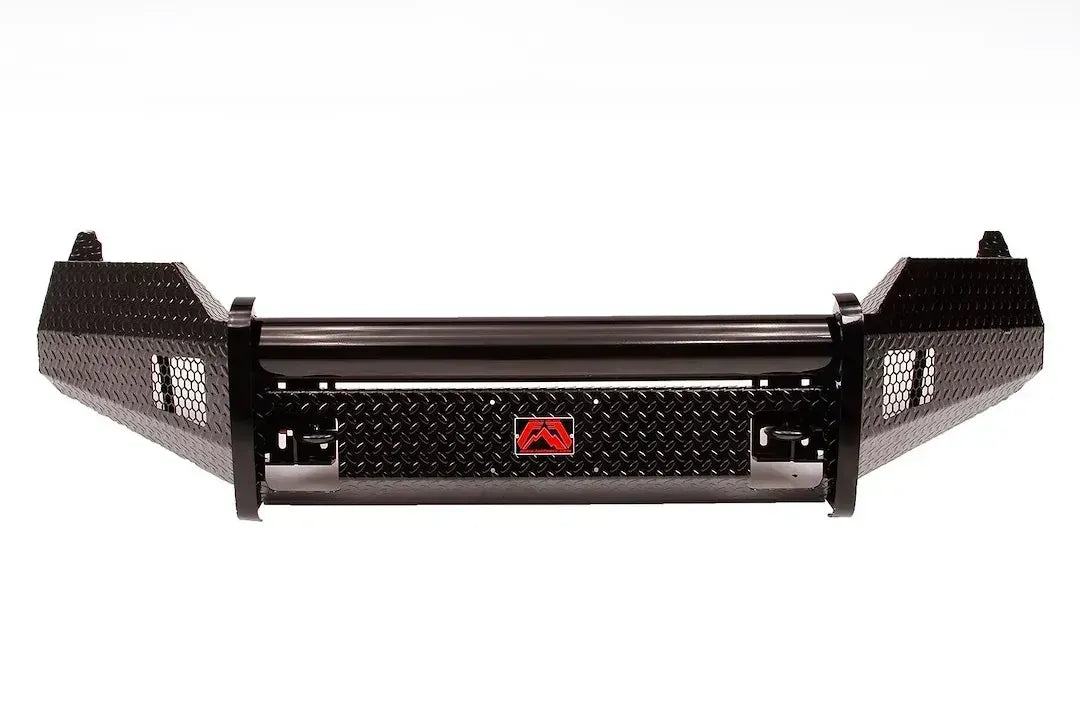 Fab Fours Black Steel front bumper in black powder coat, front view, showing the diamond-plate face, mesh end inserts and red logo badge