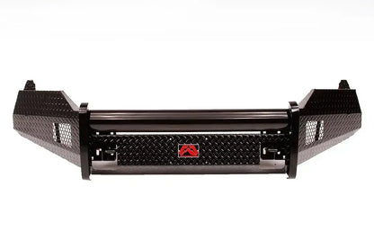 Fab Fours Black Steel front bumper in black powder coat, front view, showing the diamond-plate face, mesh end inserts and red logo badge