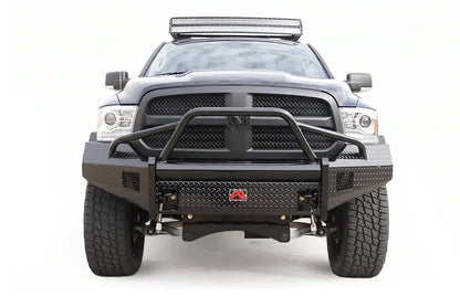 Fab Fours Black Steel diamond plate front bumper with pre-runner guard on a black Ram 1500