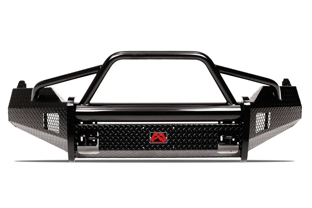 Fab Fours Black Steel front bumper with pre-runner guard in black powder coat, front view, showing the pre-runner hoop, diamond-plate face, mesh end inserts and red logo badge