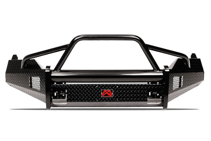 Fab Fours Black Steel front bumper with pre-runner guard in black powder coat, front view, showing the pre-runner hoop, diamond-plate face, mesh end inserts and red logo badge