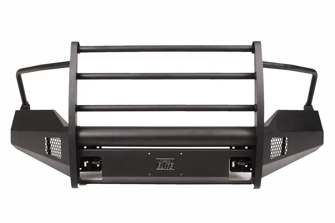 Fab Fours Black Steel Elite front bumper with full guard in black powder coat, front view, showing the full grille guard bars, center tube, Elite badge and mesh end inserts