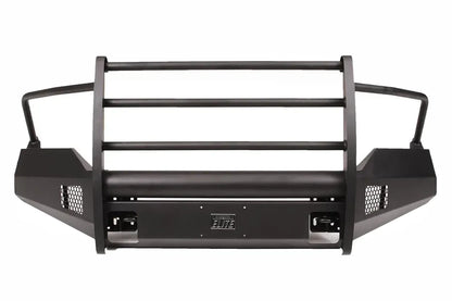 Fab Fours Black Steel Elite front bumper with full guard in black powder coat, front view, showing the full grille guard bars, center tube, Elite badge and mesh end inserts