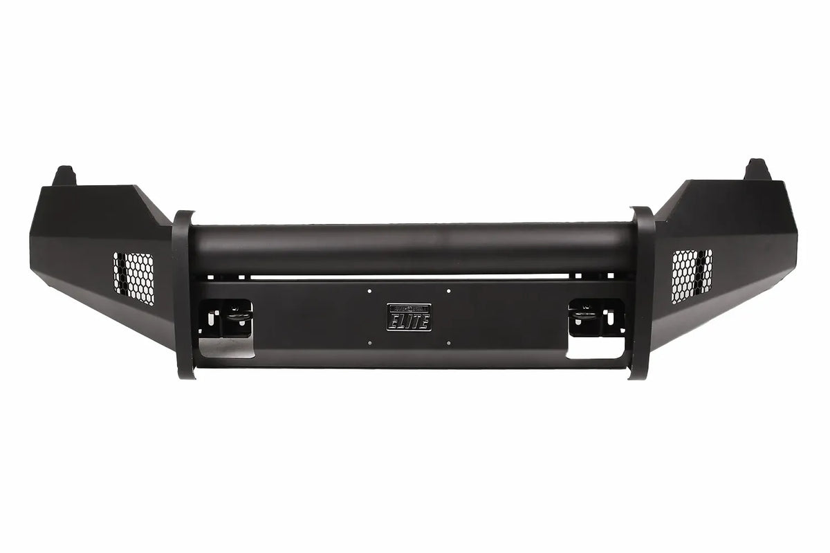 Fab Fours Black Steel Elite front bumper in black powder coat, front view, showing the center tube, Elite badge, mesh end inserts and shackle mounts
