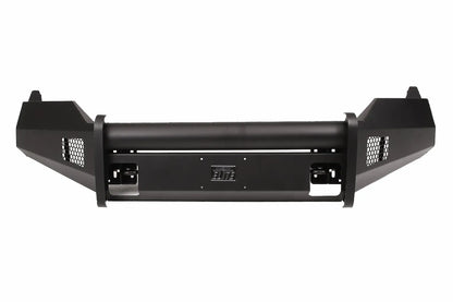Fab Fours Black Steel Elite front bumper in black powder coat, front view, showing the center tube, Elite badge, mesh end inserts and shackle mounts