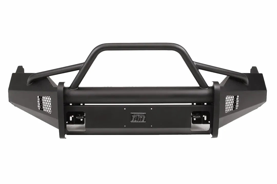 Fab Fours Black Steel Elite front bumper with pre-runner guard in black powder coat, front view, showing the pre-runner hoop, center tube, Elite badge and mesh end inserts